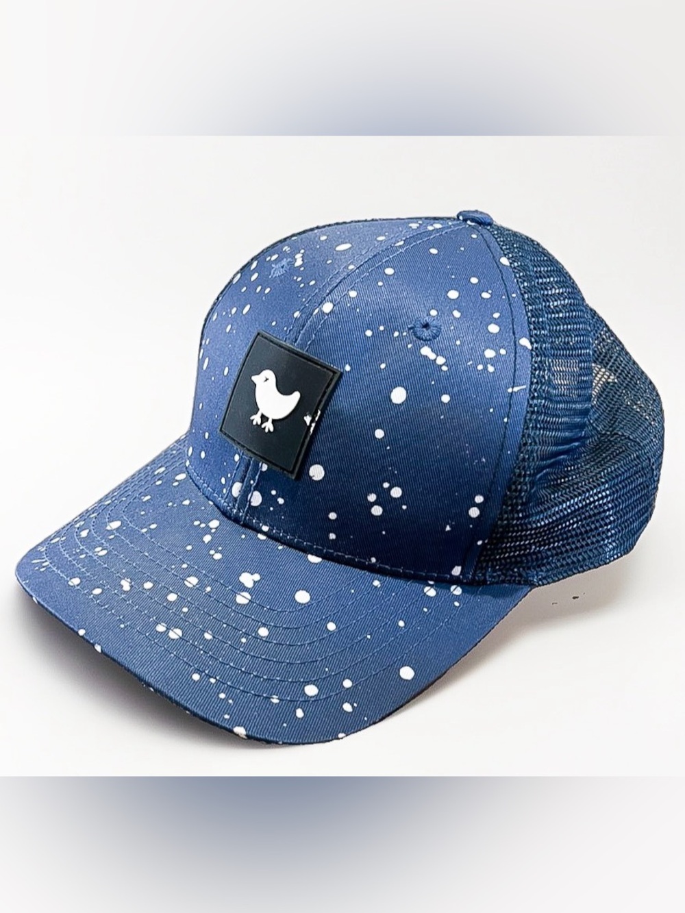 Bad Birdie Golf Hat Blue White Paint Splatter Trucker Snapback Cap Mesh Back